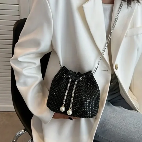 Black Rhinestone Drawstring Bag with Silver Chain - Picture 2 of 5